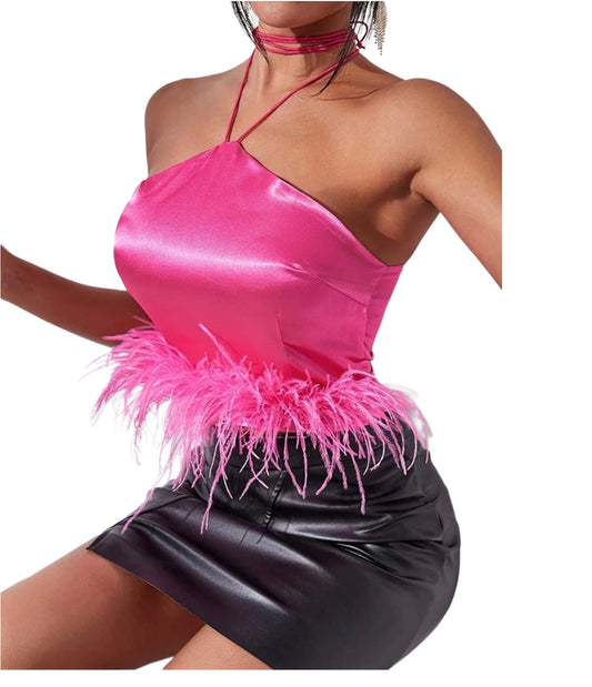 Satin magenta feather crop top