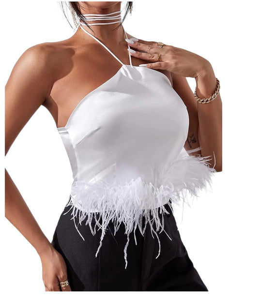 Satin white feather crop top