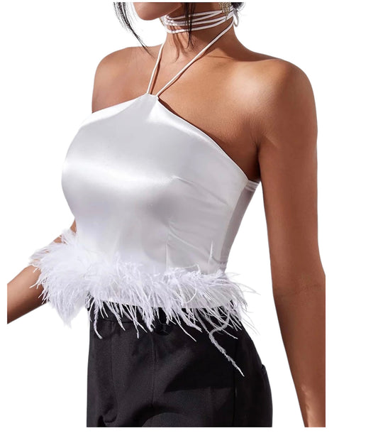 Satin white feather crop top